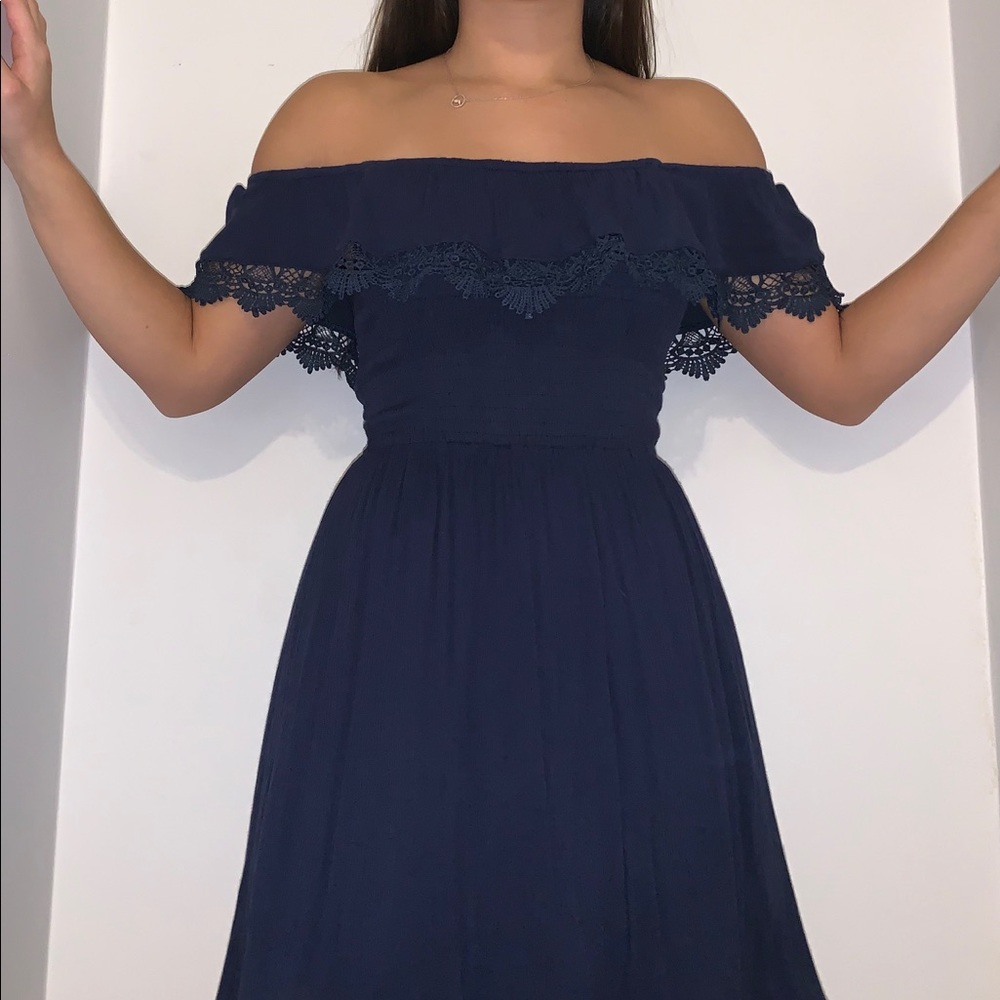 navy blue off the shoulder dress